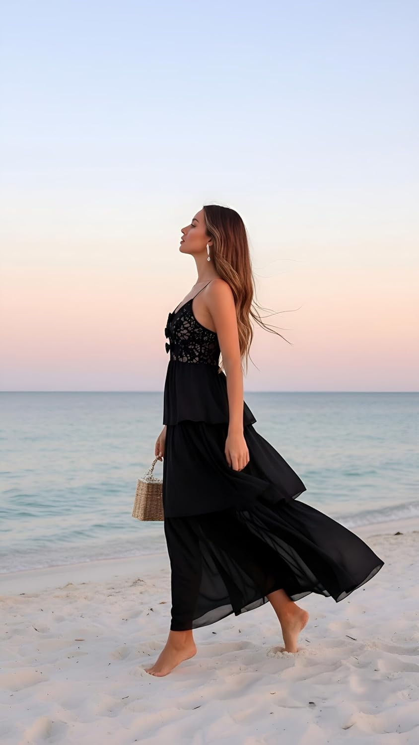 Women 2026 Summer Spaghetti Strap Long Dress Sleeveless V Neck Cutout Casual Beach Maxi Sun Dresses - Image 4