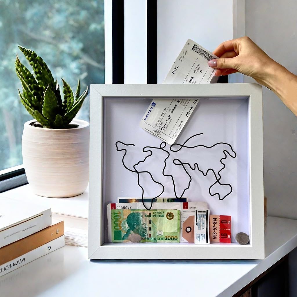 Adventure Archive Box, Travel Box for Memories, Loading Shadow Box Frame with HD Acrylic, 12 Inch Travel Shadow Box with Slot, Travel Memory Box Display Case for Keepsakes Ticket Storage (12x12 in)