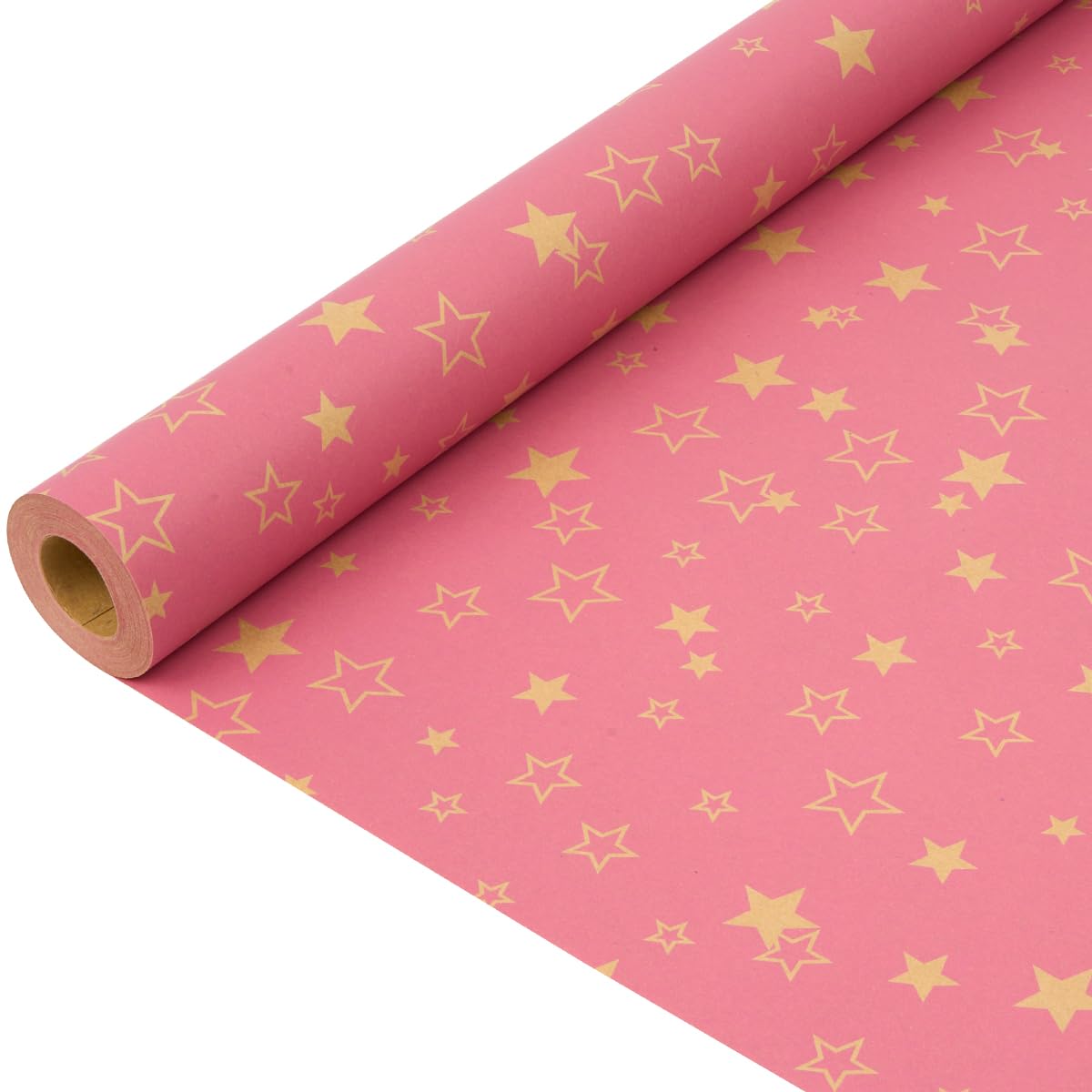 15M Gift Wrapping Paper Roll : Pink Paper with Star Pattern Recyclable Wrapping Paper for Christmas Birthday Wedding Gift Wrapping - 43cm x 15M
