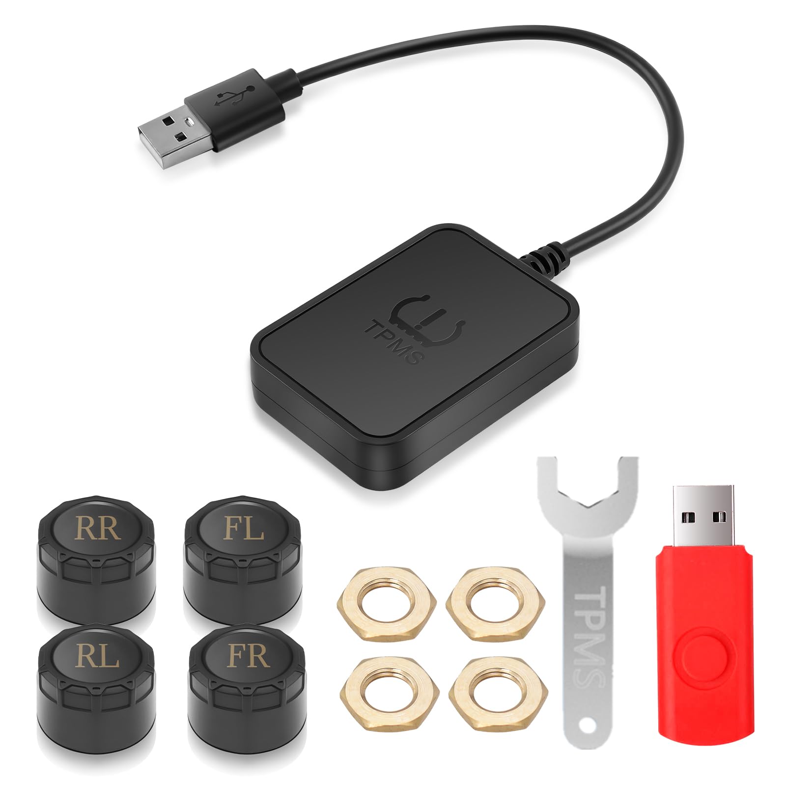 TPMS Système de Surveillance de Pression des pneus avec Charge USB, 4 capteurs, compatibilité pour écran de Navigation Android, Surveillance Universelle pour Voitures, SUV, caravanes (0-8bar)