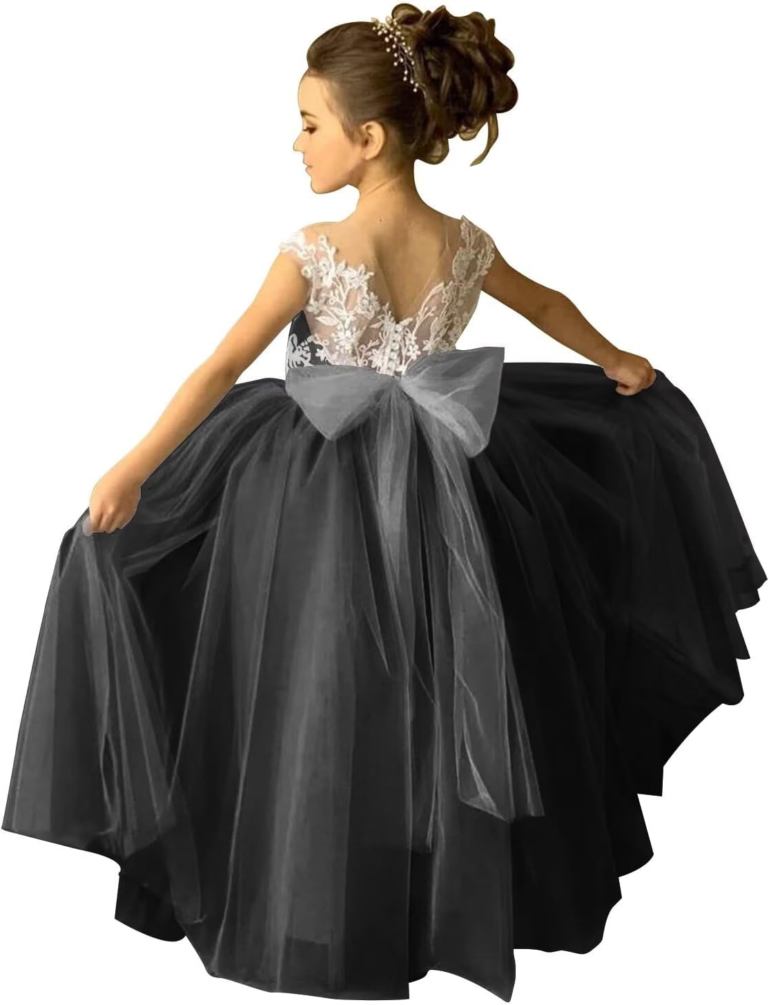 Lace Applique Tulle Flower Girl Dress for Wedding Sleeveless Long Satin Bow Knot V-Back Elegant Formal Dresses