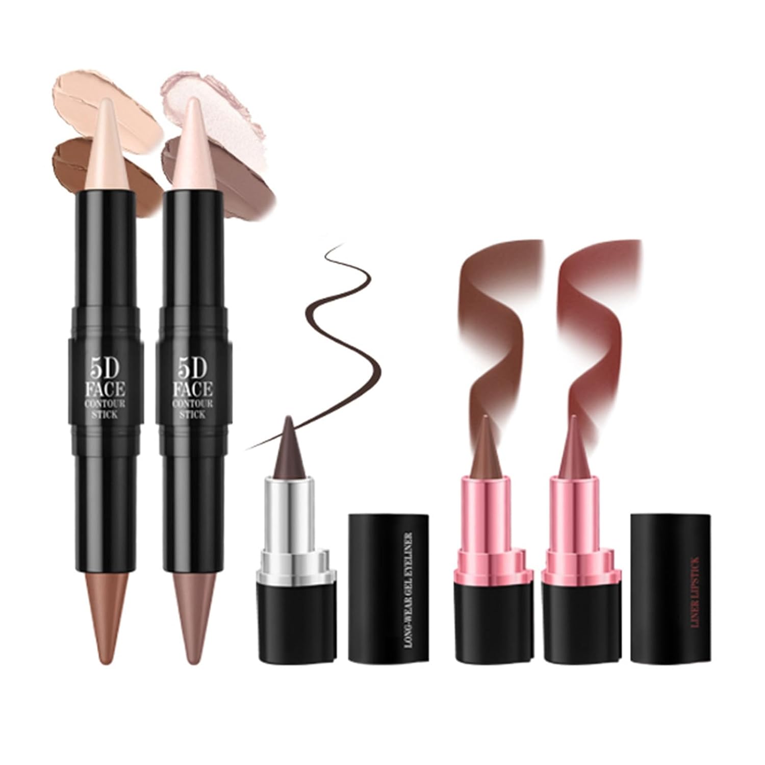 Double Ended Contouring Highlighter Stick With Lip Liner Lipstick Pencil Eyeliners Set 5D Perfect Makeup Set For Womens Contouring And Highlight Stick
