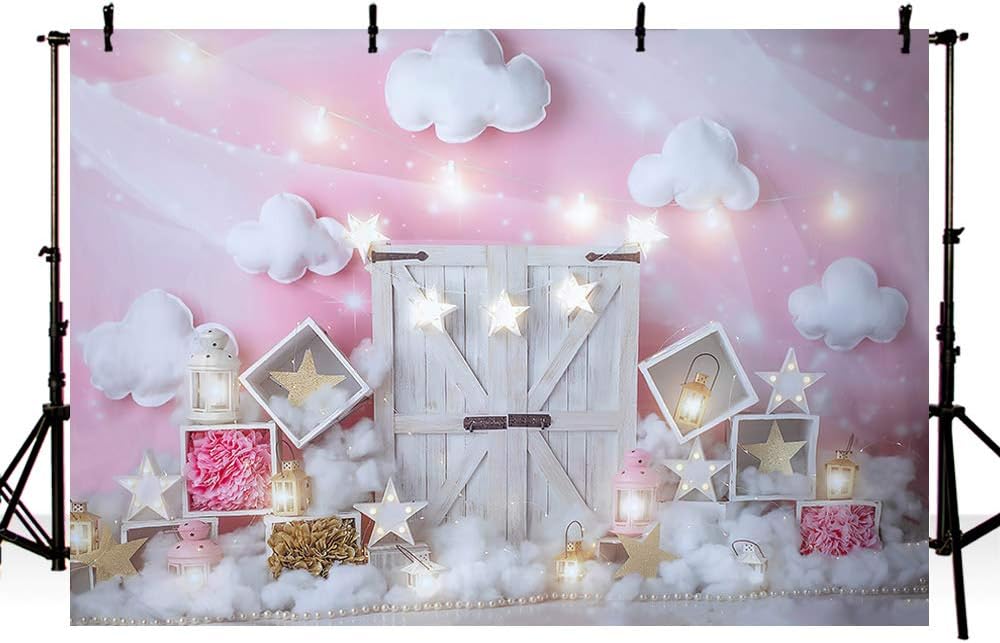 MEHOFOND 7x5ft Pink Girl Birthday Portrait Photography Background White Cloud Star Light Wooden Door Photo Backdrop Baby Shower Party Banner Home Cake Smash Decoration Photoshoot Studio Props