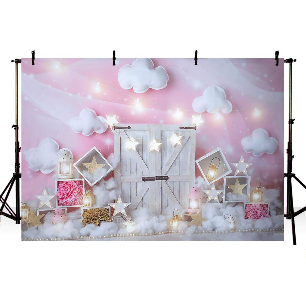MEHOFOND 7x5ft Pink Girl Birthday Portrait Photography Background White Cloud Star Light Wooden Door Photo Backdrop Baby Shower Party Banner Home Cake Smash Decoration Photoshoot Studio Props