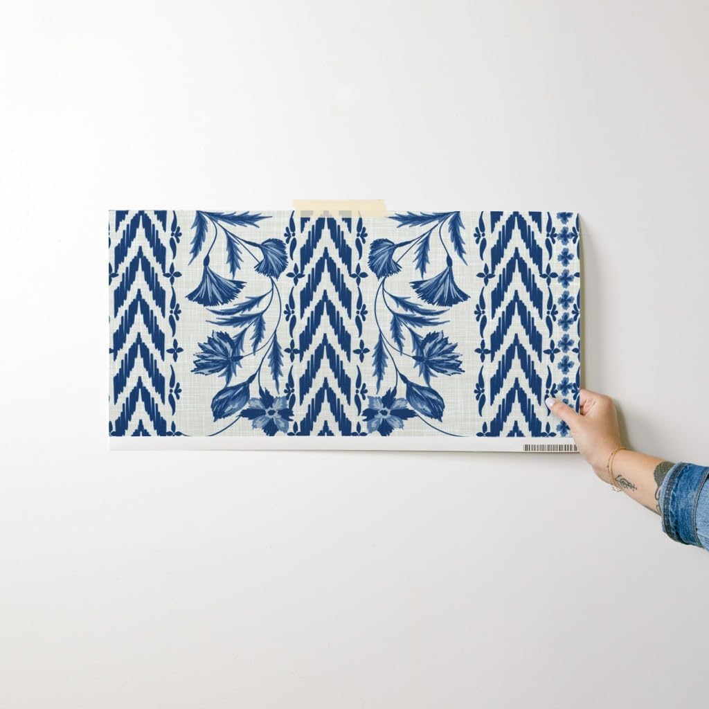 Peel & Stick Wallpaper Swatch - Folk Floral Stripe Large Scale Blue Tan Chintz Flowers Custom Removable Wallpaper by Spoonflower