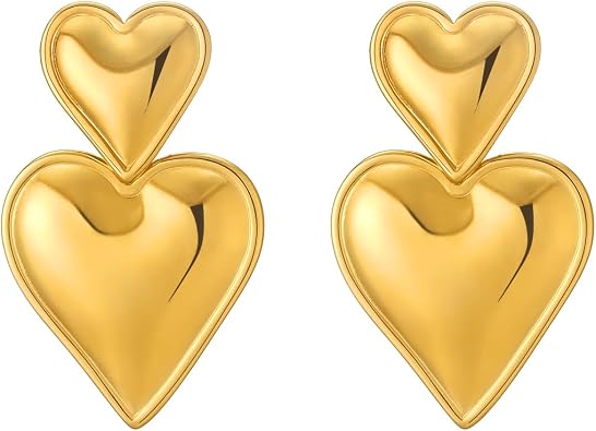 أقراط Apsvo Chunky Gold Heart للنساء ، أقراط إسقاط خفيفة الوزن تتدلى أقراط مزدوجة القلب مطلية بالذهب أقراط أزياء مجوهرات عصرية