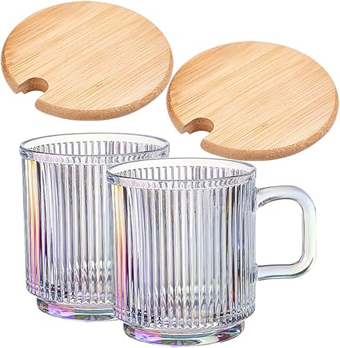 Juego de 2 tazas de café de vidrio iridiscente, tazas de café a rayas con tapa, tazas de vidrio acanaladas, tazas de té de vidrio con rayas