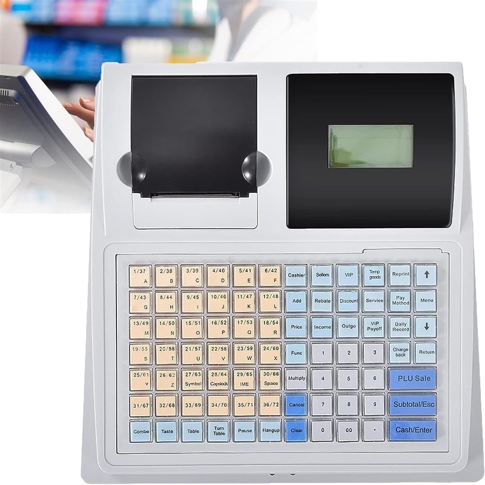 Caja registradora con Sistema POS electrónico con Capacidad para 4 Billetes y 5 Monedas, Bandeja extraíble e Impresora térmica para pequeñas Empresas, comercios y restaurantes.