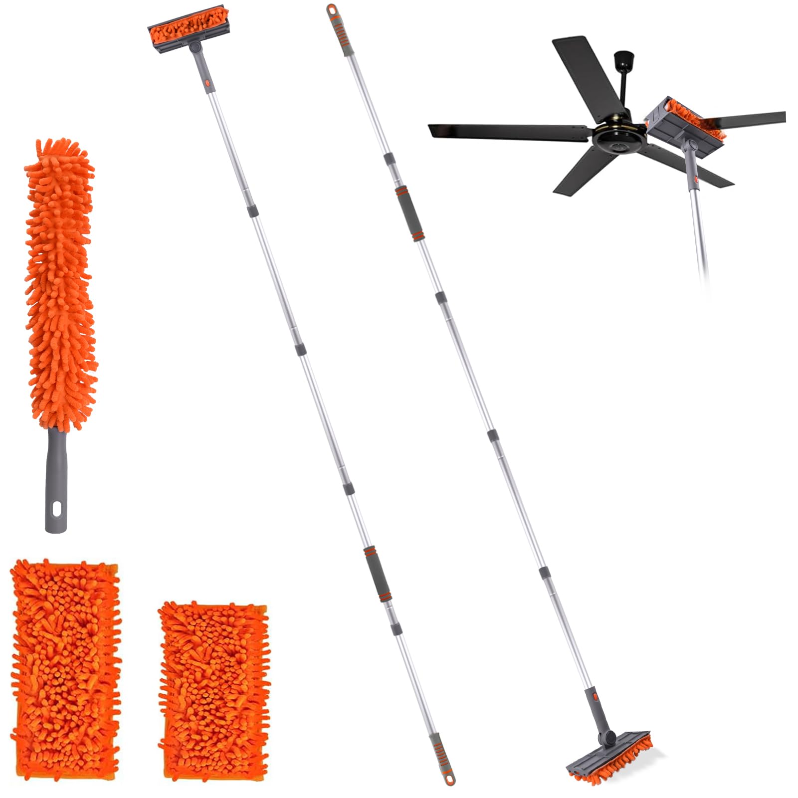 6.4ft Ceiling Fan Duster Cleaner Kit - 360° Rotating Microfiber Mop with Extension Pole & Locking Head | 5-in-1 Multi-Surface Reusable Cleaning Tool for Fans, Blinds, Baseboards, Walls & Floors