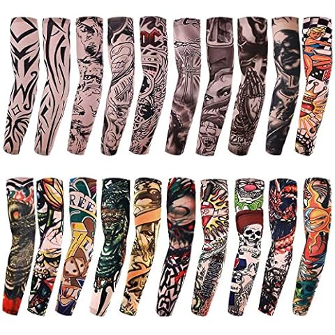 AKStore 20PCS Set Arts Fake Temporary Tattoo Arm Sunscreen Sleeves Designs Tiger, Crown Heart, Skull, Tribal and Etc Cover
