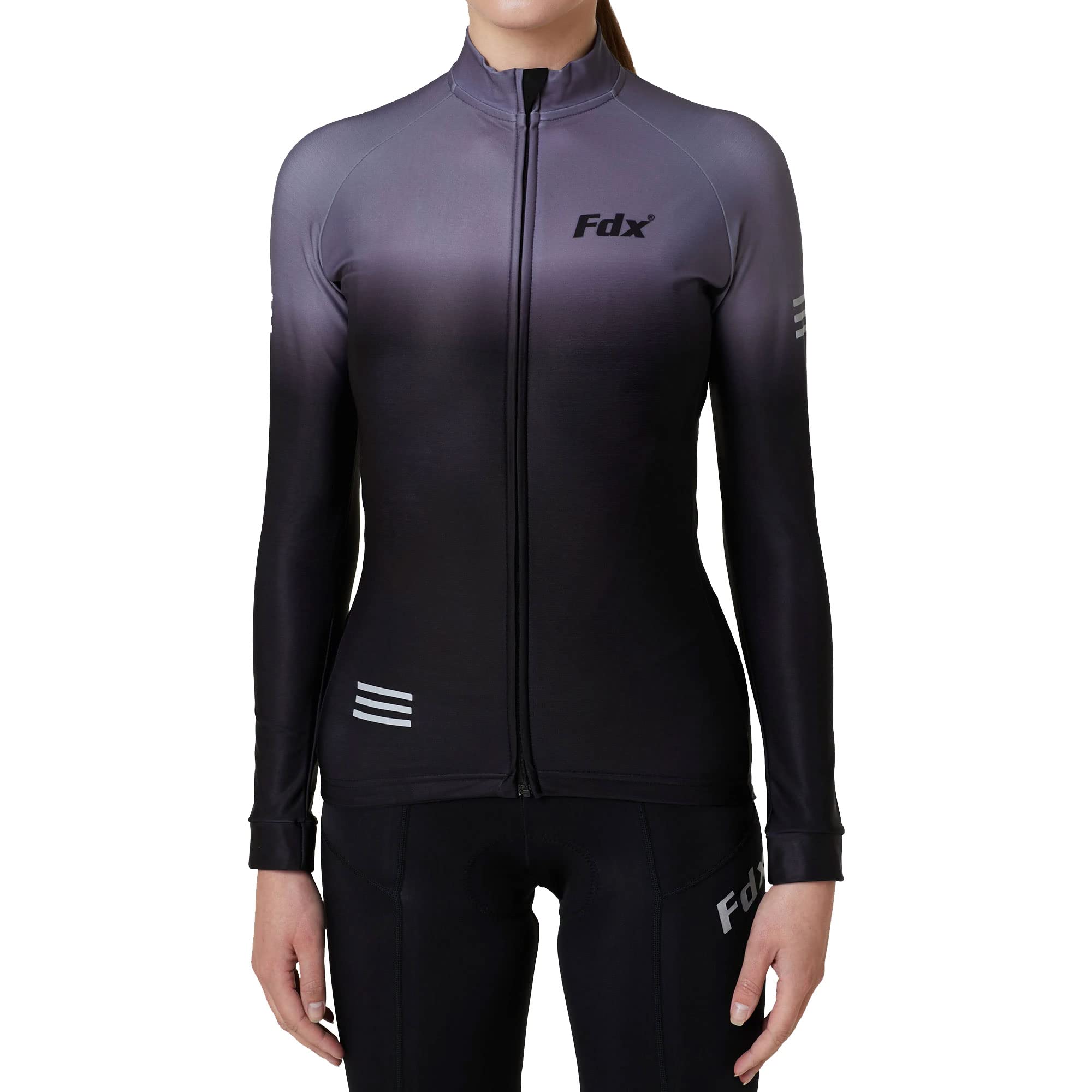 FDX Damen Radtrikot Super Italian Thermal Roubaix Fahrradjacke Winddicht Winter Cycle Top Full Zip Water Resistant Breathable Long Sleeve Hi-Viz Shirt Fahrrad Laufen Bike Kleidung, grau / schwarz, 32