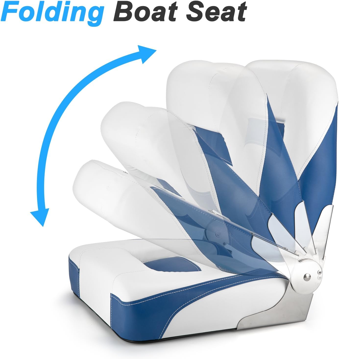 Folding Boat Seats Low Back 2 Pack, Waterproof Fishing Boat Captain Chairs, Stainless Steel Hinges and Microfibre Leather Includes 4 Stainless Steel Screws, White and Blue