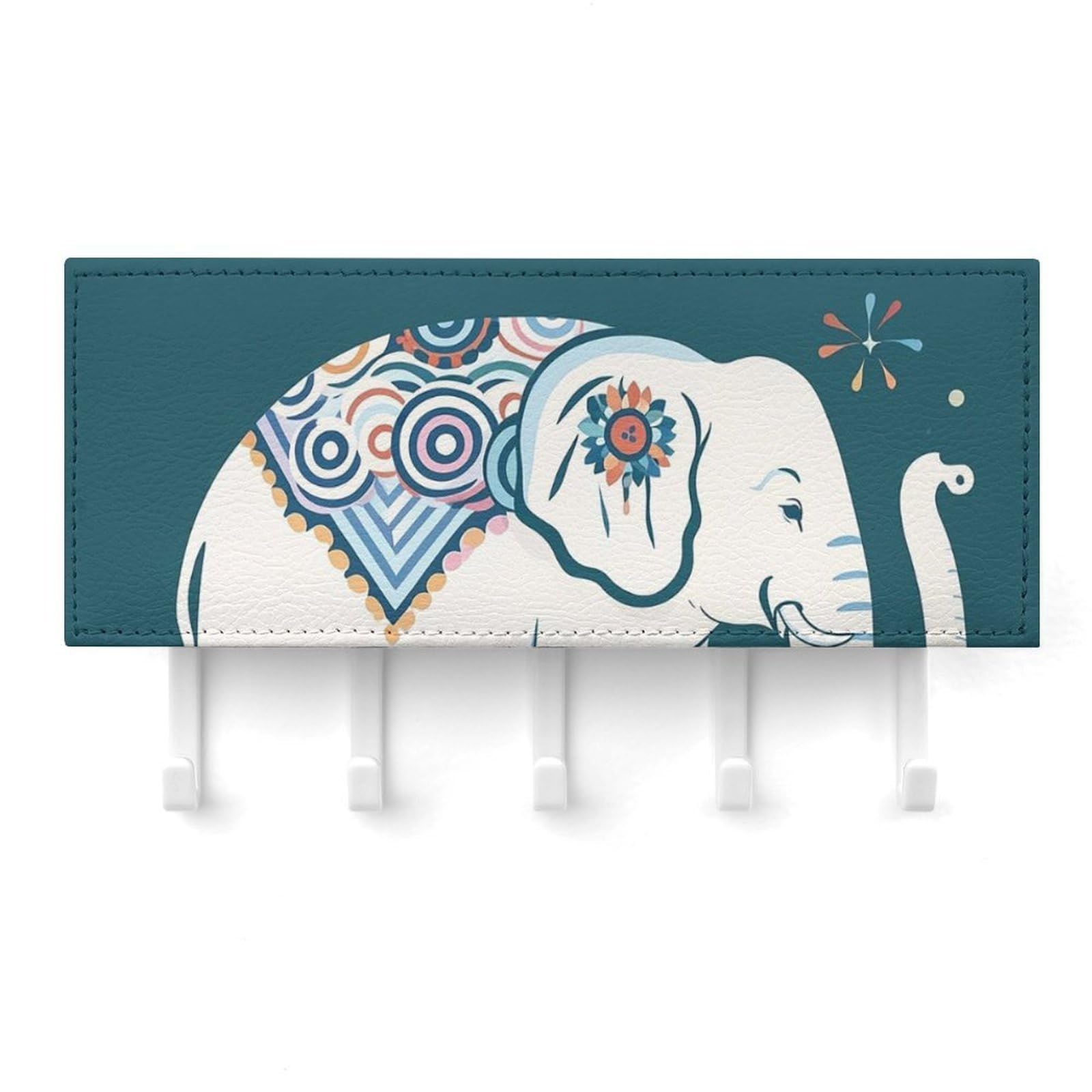 QMNLKH Elephant Pattern Wall Mounted Key Rack for Home, No Drilling Key Holder with 5 Hooks, Self Adhesive Keys Chain Organizer for Hallway, Keys Hanger Shelf for Office, Doorway White