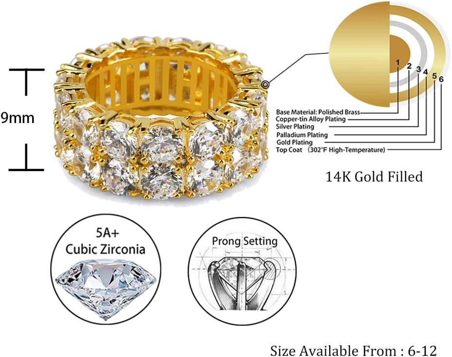 TOPGRILLZ 2-Row Cubic Zirconia Band Ring for Men & Women, 14K Gold Plated Brass, 9 mm Wide Iced-Out Eternity, Sizes 6-12, Golden or Silvery - Image 2