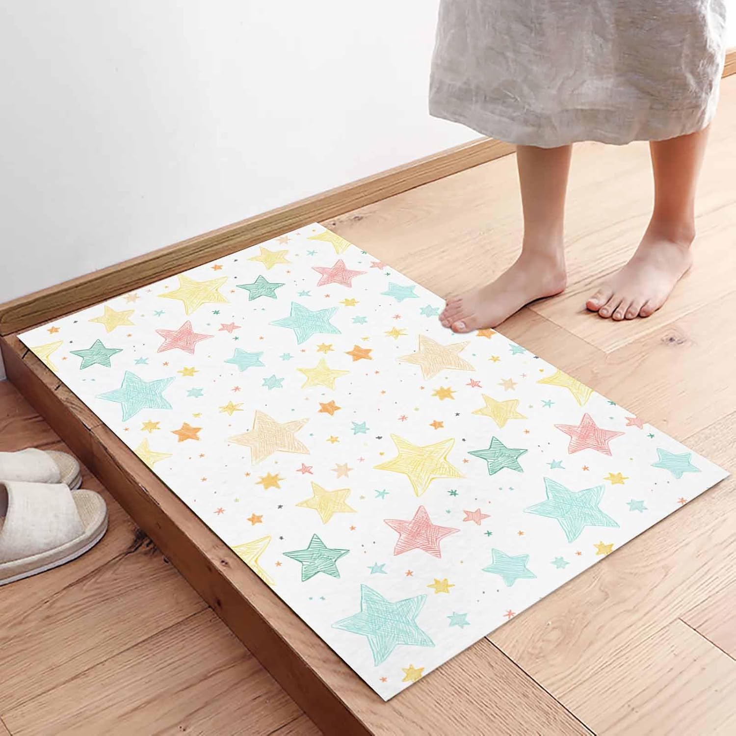 Indoor Door Mat 18"x30" Welcome Mats Microfiber Floor Mat Rubber Backing Non Slip Shoes Scraper Washable Outdoor Doormat for Entryway - Hand Drawn Colorful Stars