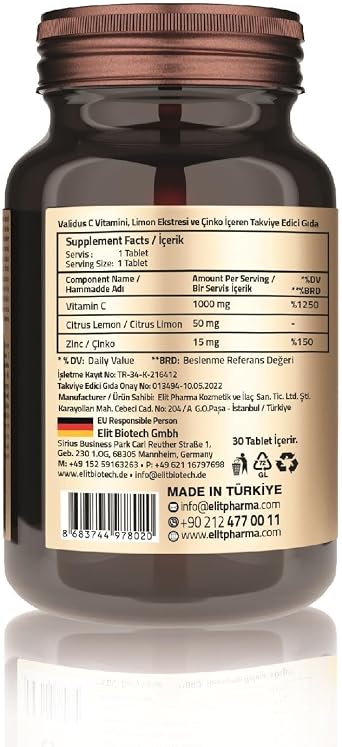 Validus Vitamin C 1000 Mg + Citrus + Zinc 30 Tablets