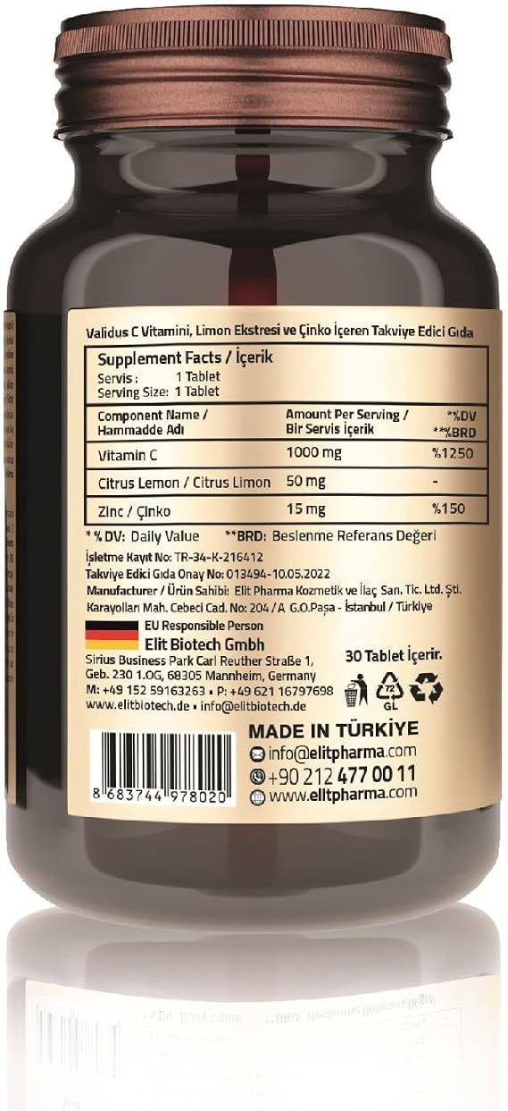 Validus Vitamin C 1000 Mg + Citrus + Zinc 30 Tablets