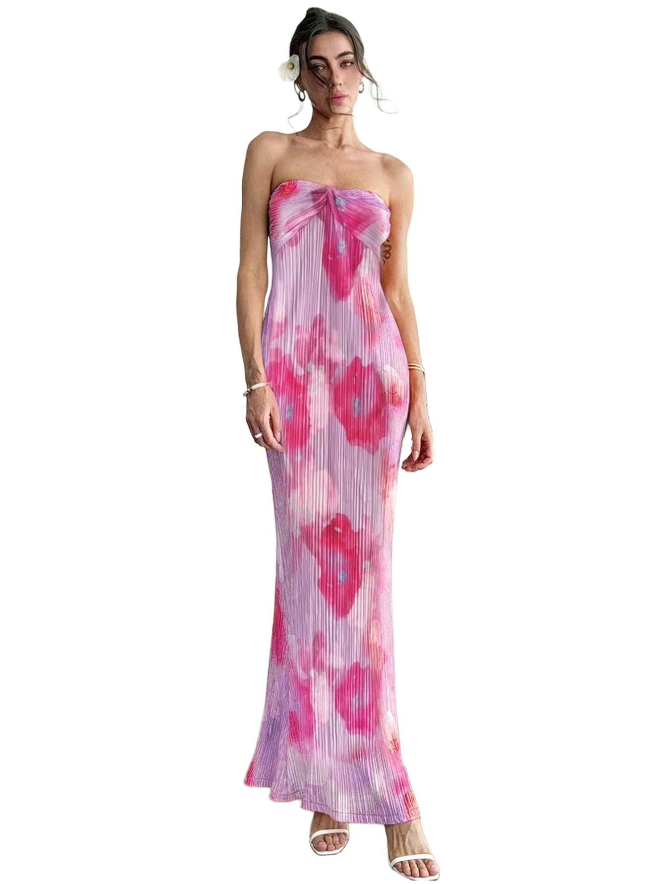 SKAYS Women's Summer Dress Strapless Tube Top Twisted Front Floral Maxi Dress Vacation Outfits Backless Casual Elegant Party