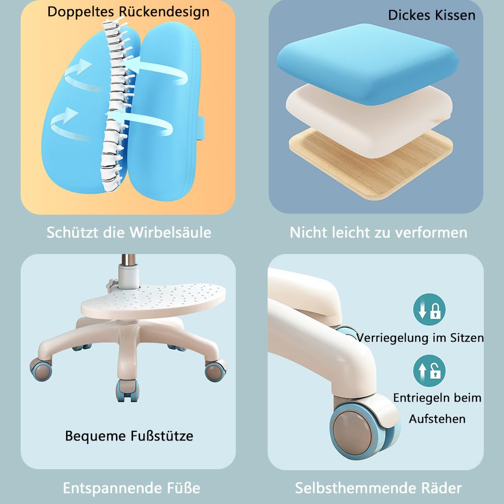 Schreibtischstuhl Kinder, Höhenverstellbar Kinder Drehstuhl Mit Fußstütze und Rädern, 360° Schwenkbar Schreibtischsessel für Zuhause, Schule und Bibliothek (Rosa)