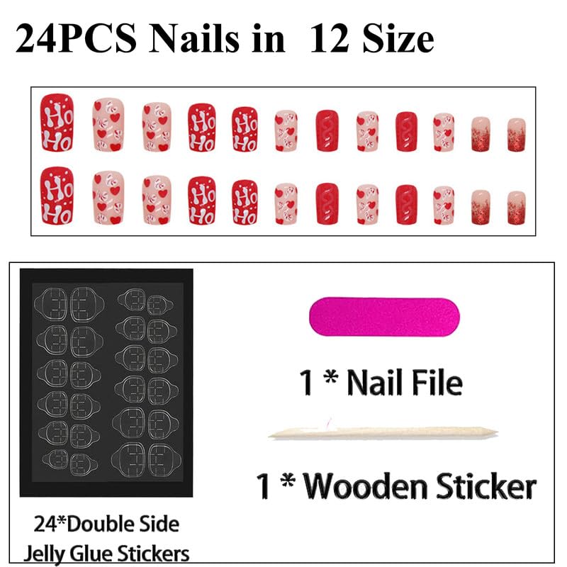 Miniatura 5 de Uñas postizas a presión de Navidad, uñas cortas rojas, uñas acrílicas a presión, uñas postizas con diseños, uñas adhesivas, 24 unidades de uñas con