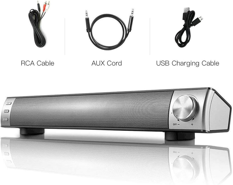 Computer Soundbar Speaker for PC Bass Monitor Desktop Laptop with Audio Jack Aux RCA Connection Input Wired&Wireless Bluetooth Speakers Bars Mini Outdoor Silver Slim Elegant Design