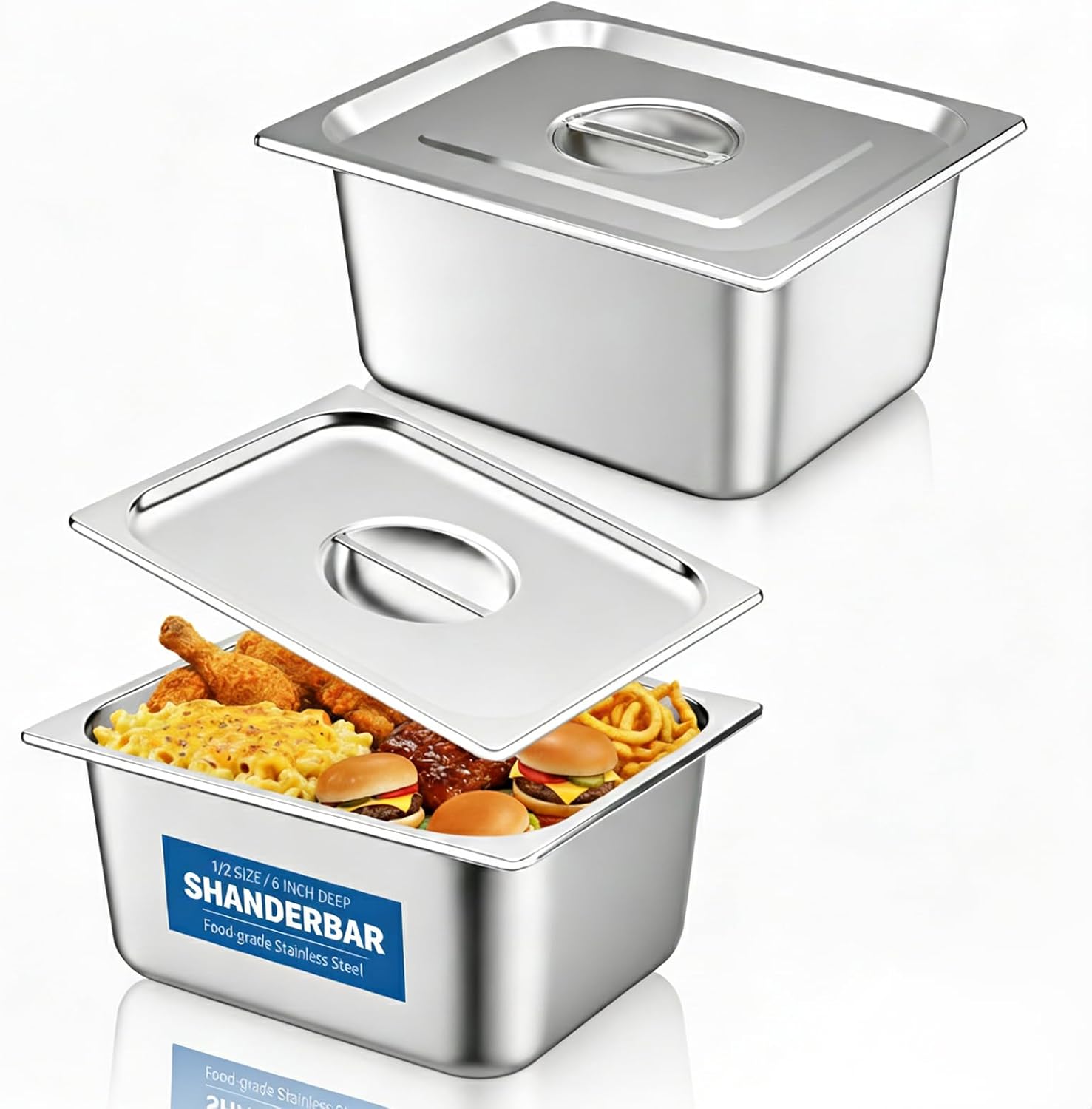 2 Pack Stainless Steel Steam Table Pans with Lids, 1/2 Size x 6 Inch Deep Hotel Pans with Lids, Heavy Duty Anti-Rust Steam Pan for Buffet, Catering, Restaurant, Home & Party