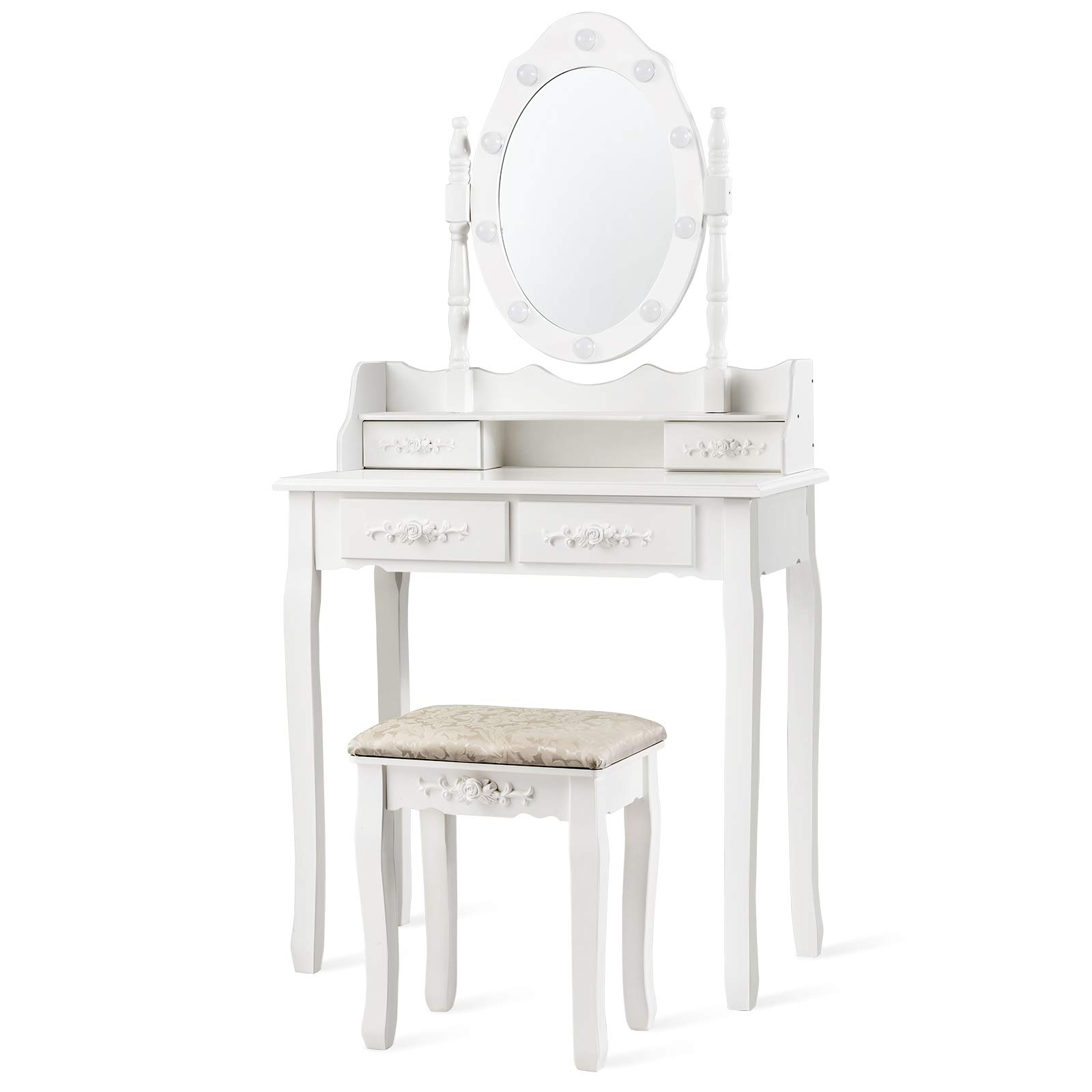 RELAX4LIFE Toeletta Trucco con Luci, Postazione Trucco con Sgabello e Specchio Girevole a 360°, Luminosità Regolabile, Tavolo da Trucco per Camera da Letto (Bianco, 75 x 40 x 146cm)