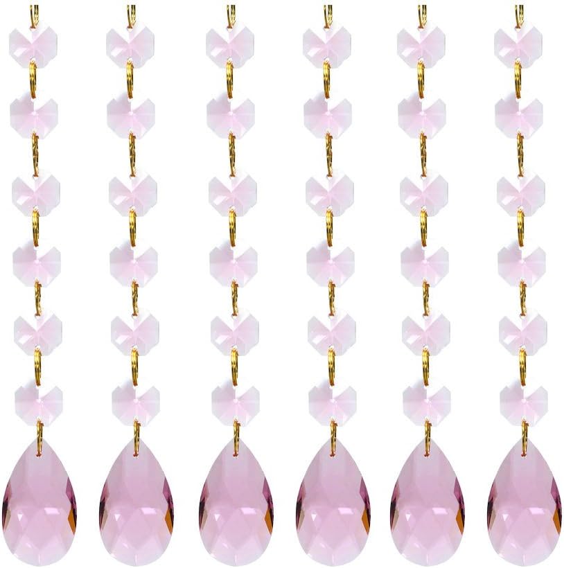 Teardrop Pendants Octagon Crystal Glass Beads Pendant for Chandelier Lamp Curtain Decor, 6-Pack (Pink)