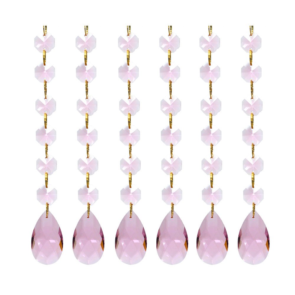 Teardrop Pendants Octagon Crystal Glass Beads Pendant for Chandelier Lamp Curtain Decor, 6-Pack (Pink)