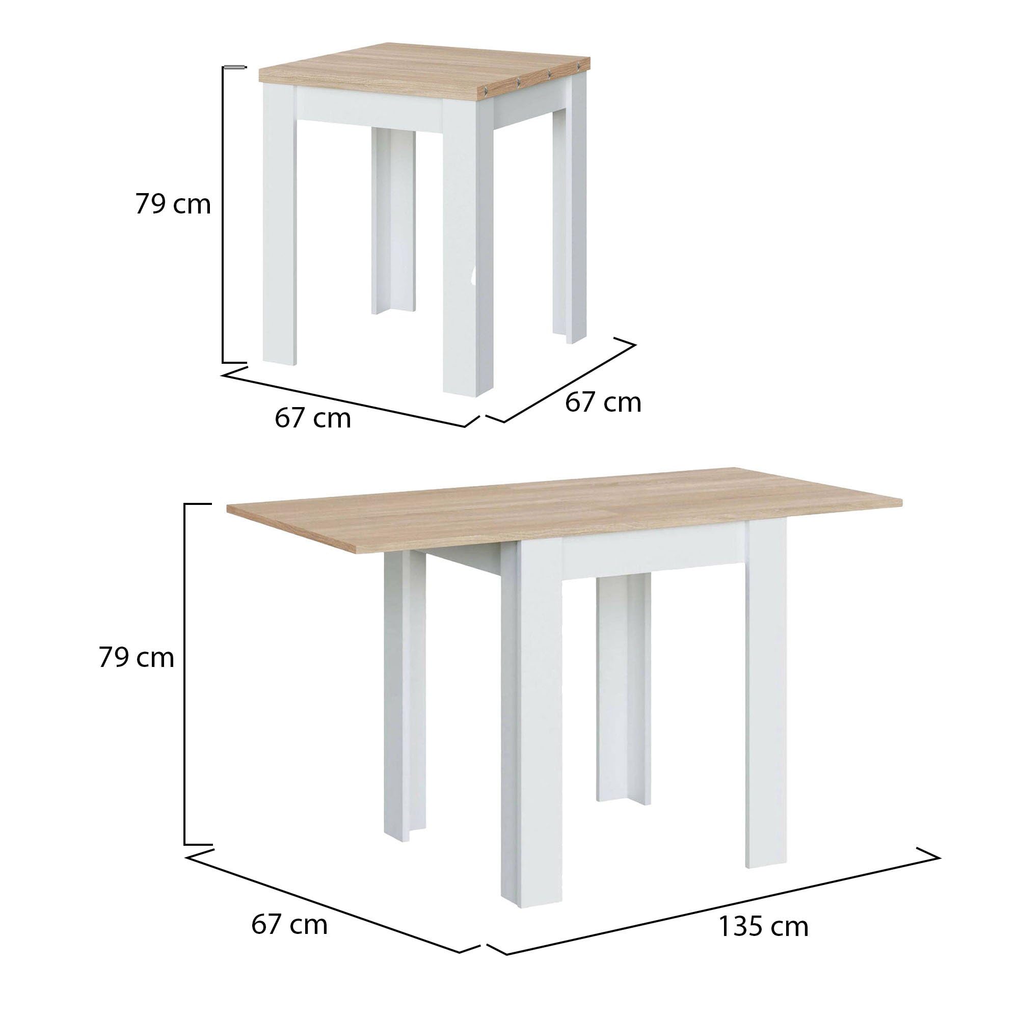 Dmora - Tavolo allungabile Newark, Ripiano da pranzo pieghevole apertura a libro, Tavolo ausiliario richiudibile, 67x67/135h79 cm, Bianco e Rovere