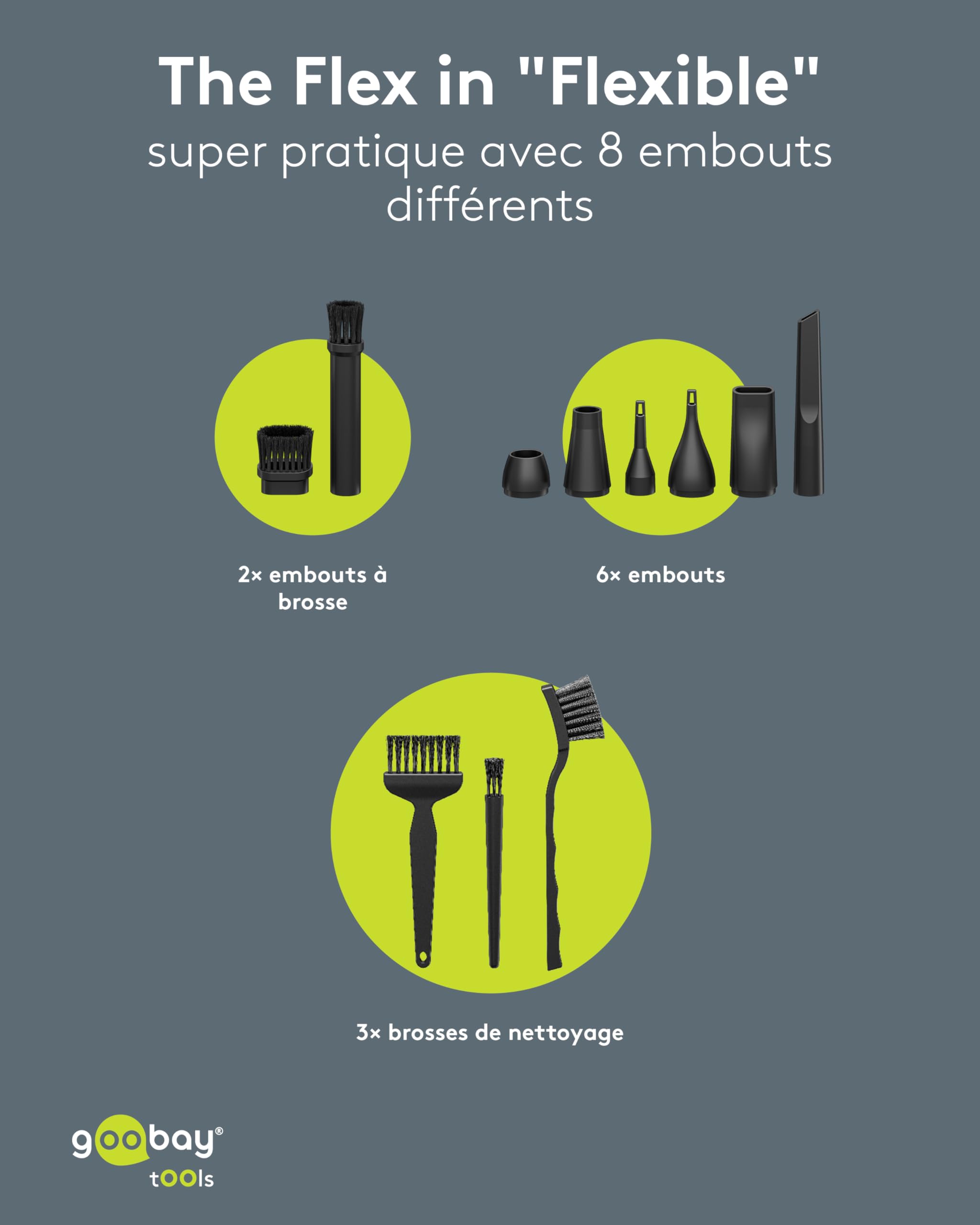 goobay Souffleur de poussière à 3 Vitesses, Batterie 6 000 mAh, 130 000 TR/Min, autonomie jusqu'à 110 Min, avec 8 Embouts pour éliminer la poussière sur Les canapés, claviers, Voitures – 77831
