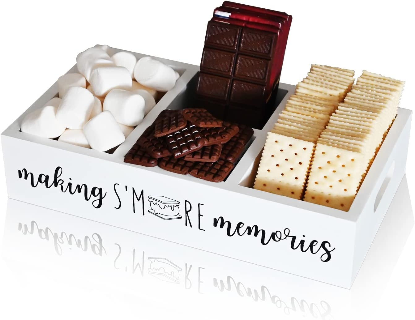 Farmhouse S'Mores Bar Holder with Cutout Handle, Wooden Smores Station & Accessories Organizer - Large White Serving Tray