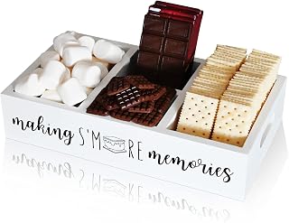 Farmhouse S'Mores Bar Holder with Cutout Handle, Wooden Smores Station & Accessories Organizer - Large White Serving Tray