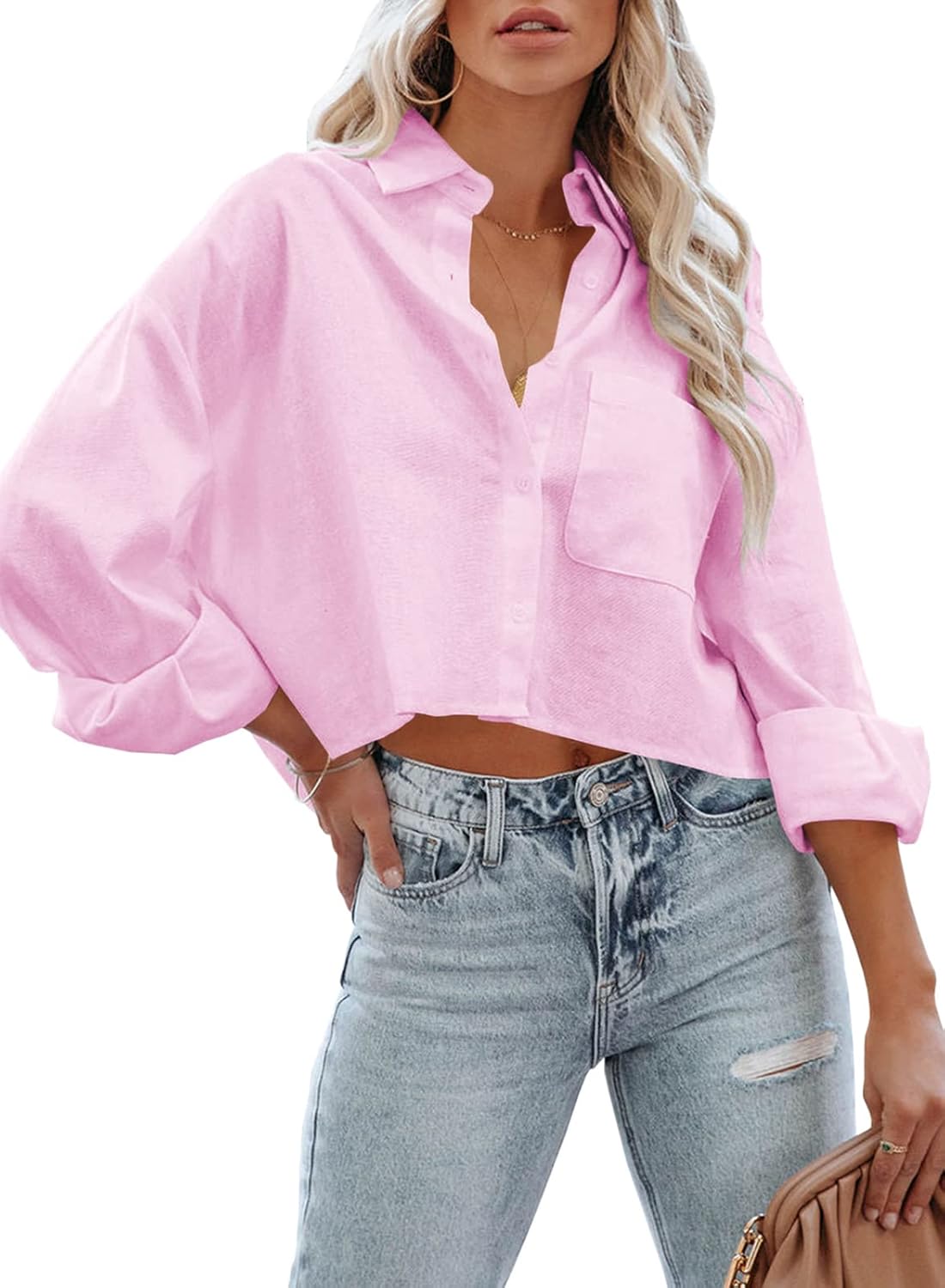 Tankaneo Womens Button Down Cropped Shirts Long Sleeve Casual Crop Tops Solid Lapel Blouse Shirt with Chest Pocket - Image 2