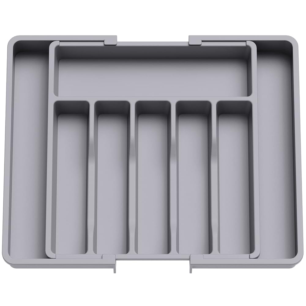 Lifewit Cutlery Drawer Organiser, Expandable Utensil Tray for Kitchen, Adjustable Silverware and Flatware Holder, Compact Plastic Storage for Spoons Forks Knives, Large, Grey
