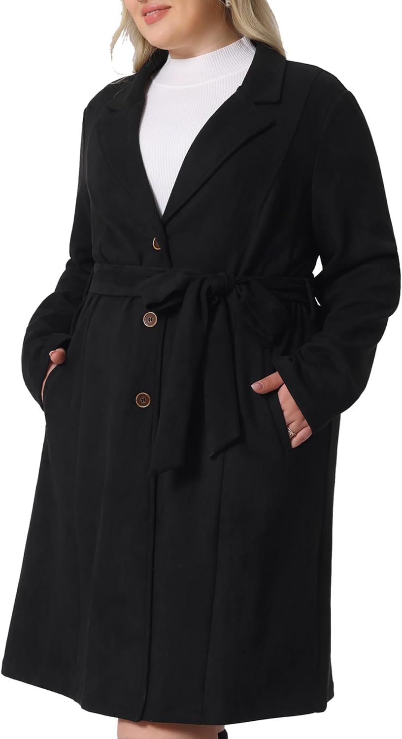 Agnes Orinda Plus Size Faux Suede Trench Jacket For Women Notch Lapel Long Sleeve Fall Winter Long Jacket Coats - Image 2