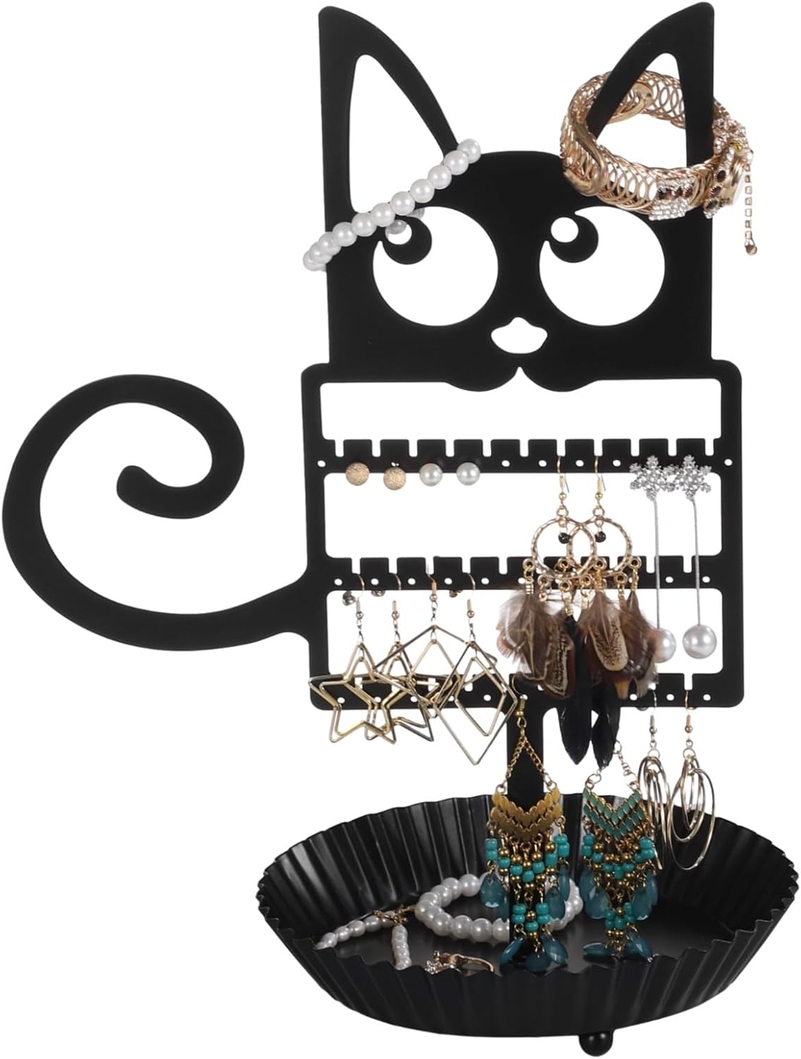 Dog Shaped Earring Holder Organizer, Creative Jewelry Display Stand with Spiral Tail, Black Metal Earring Organizer with Round Tray for Home Decoration and Jewelry Storage