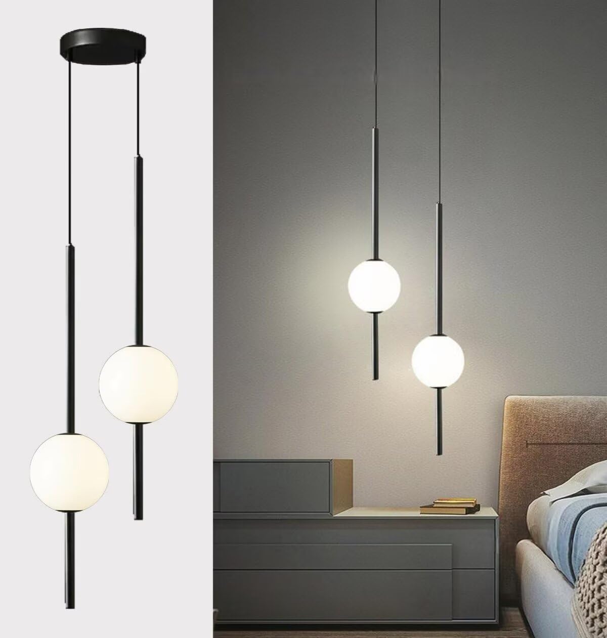 KXEcoLife Modern Black Globe Pendant Light - LED Minimalist Chandelier for High Ceilings, Ideal Bedroom, Dining Room, Kitchen Island, and Foyer 1 Fixture