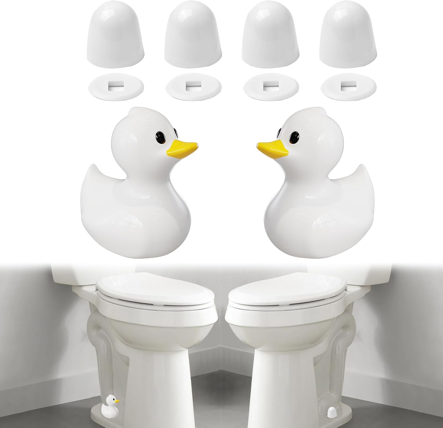 MENNTY 2Pack Ceramic White Duck Toilet Bolt Covers Decorative & 4Pack Round Caps with Washers, Cute Bathroom Decor Toilet Floor Screw Covers Christmas-Gifts for Women