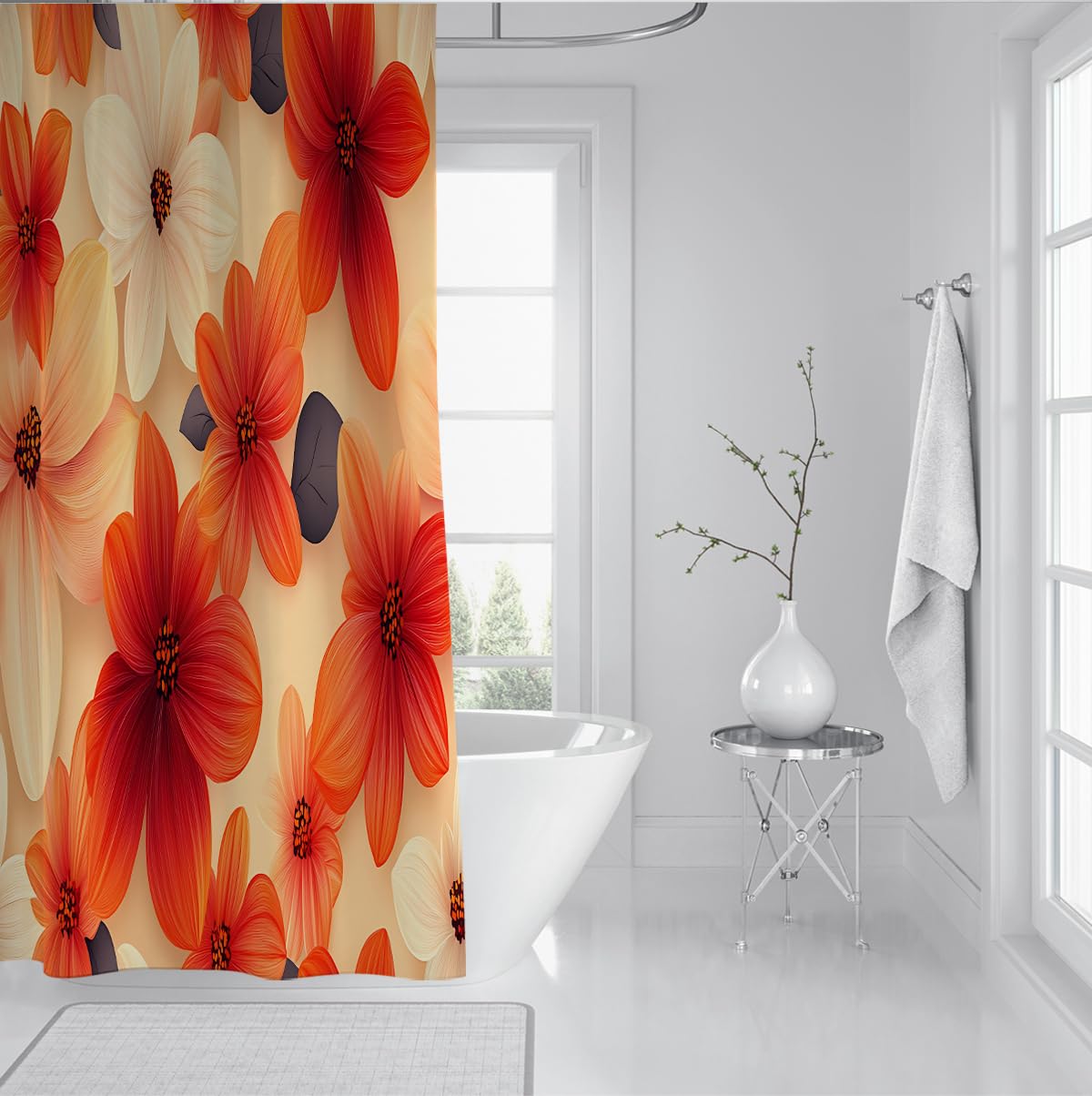 Herbst-Orange-Blüten-Duschvorhang Daisy Naturalist Botanical Print Badevorhänge Wasserdichter Stoff Badezimmerzubehör mit Haken 180 x 220 cm