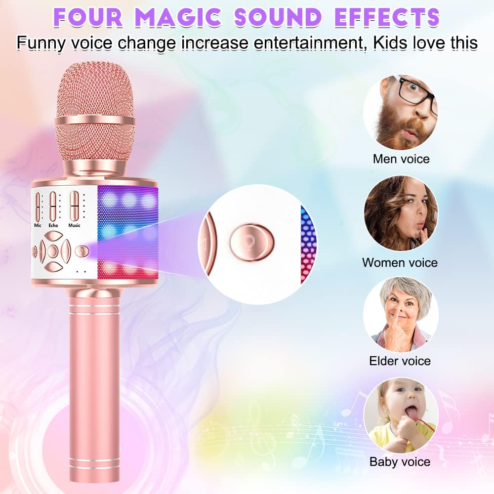 Ankuka Microfono Karaoke Bluetooth Wireless Microfono Bambini Regalo per Bambini 3-12 Anni Microfono Giocattolo Cambia Voce, Compatibile con Android, iOS, PC Oro Rosa Nuovo