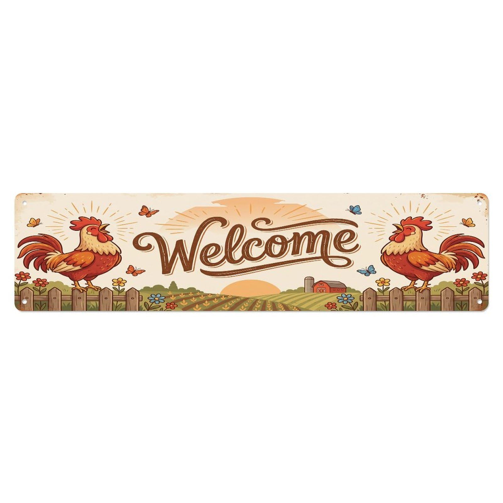 Olhnbad 4X16inch(10X40cm) Vintage Welcome Rooster Sunrise Metal Tin Sign