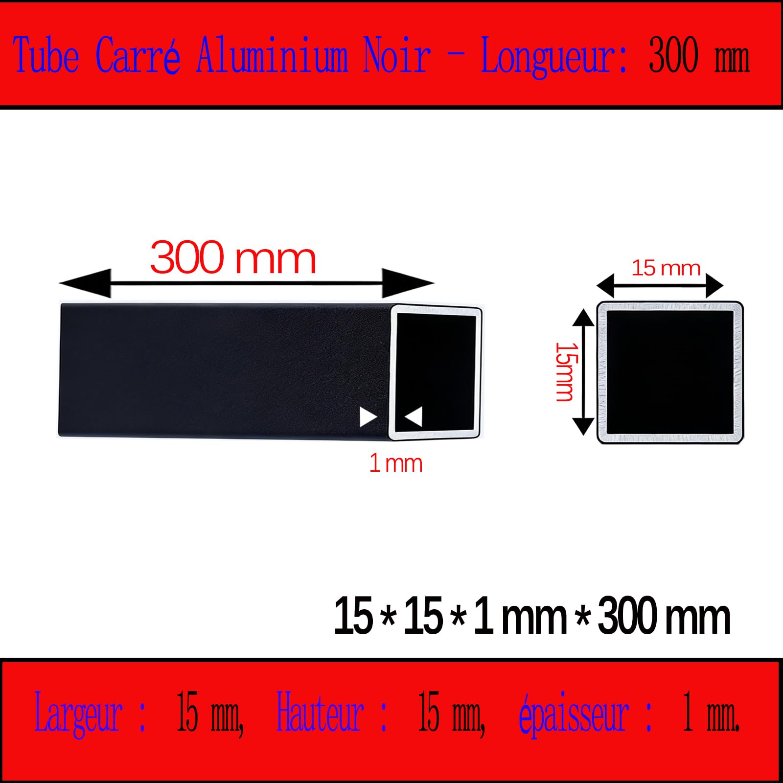 Quadratrohr aus Aluminium, Schwarz, 15 x 15 x 1 mm, 4 Stück, 300 mm | Schwarze Pulverbeschichtung, für Pergola, Trennwände, Außenanlagen, leicht zu schneiden und zusammenzubauen
