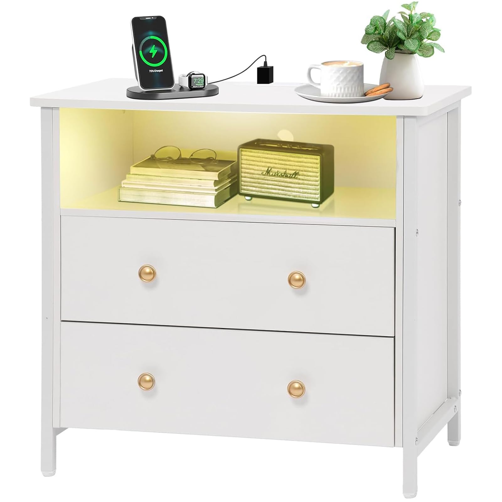 27 Inch Wide Night Stand, Large Wooden Night Stand with 2 Drawers, LED Nightstand with Charging Station and Adjustable Drawer, Bedside Table for Living Room/Bedroom/Study/Office, White.