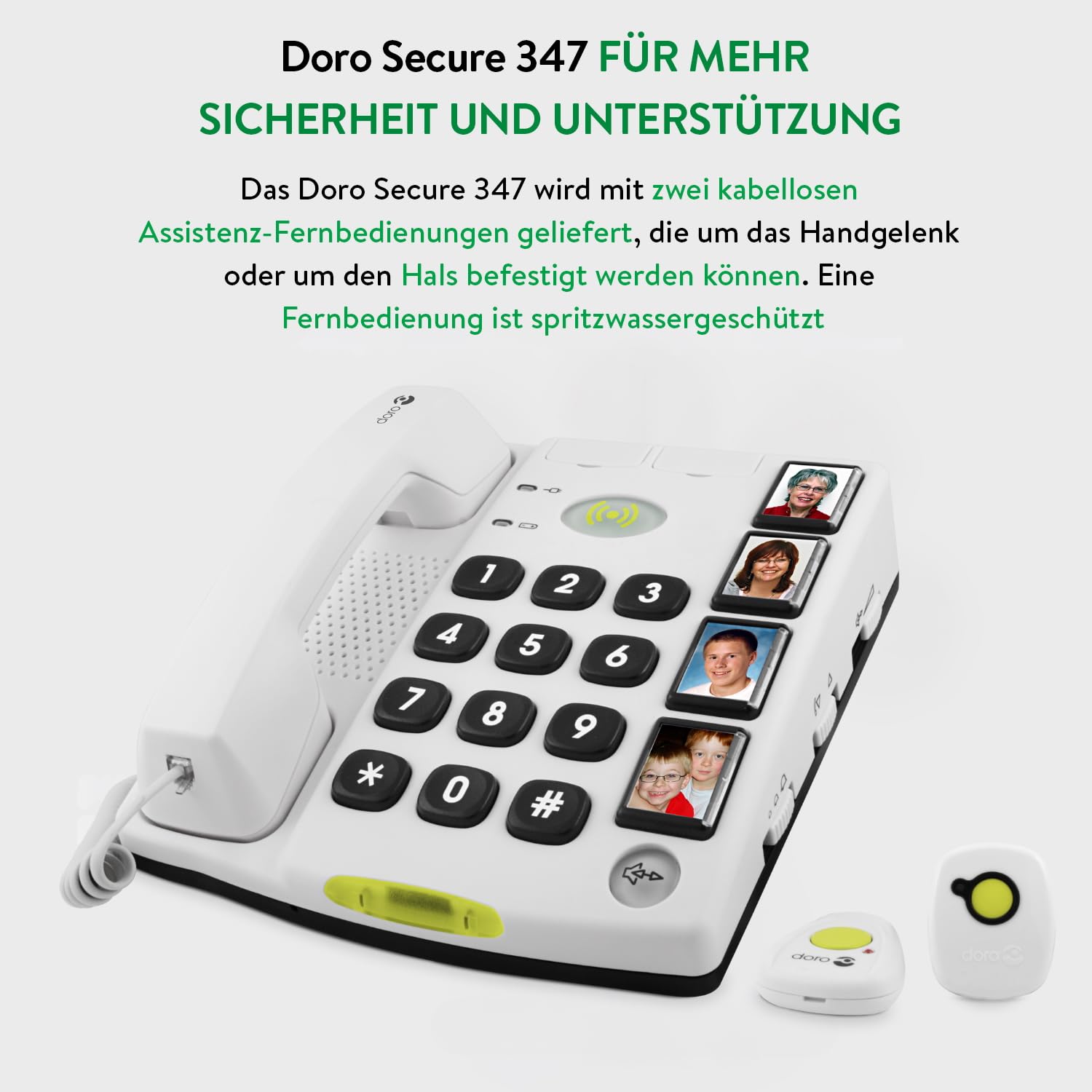 DORO - Doro Secure 347 - Schnurgebundenes Festnetztelefon - Notruffunktionen - Große Tasten - Audioverstärker - 4 Direktspeichertasten mit Foto - Mit 2 Fernbedienungen - Weiß
