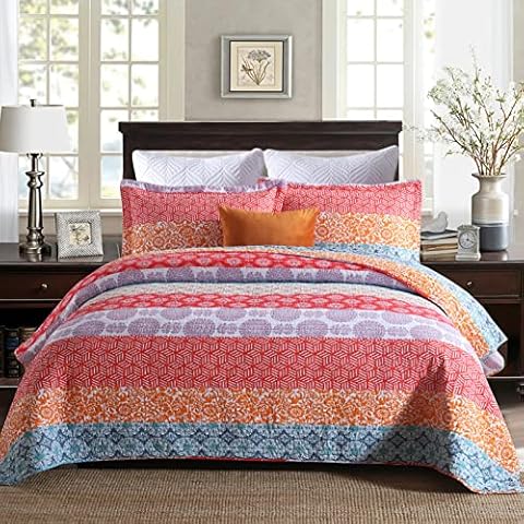 Finlonte Queen Quilt Set, 100% Cotton Queen Size Quilt, Bohemian Striped Patchwork Quilt Reversible 3 Piece Bedding Set, Lightweight Boho Decor Bedspread (Tangerine, Red, Turquoise) Cover