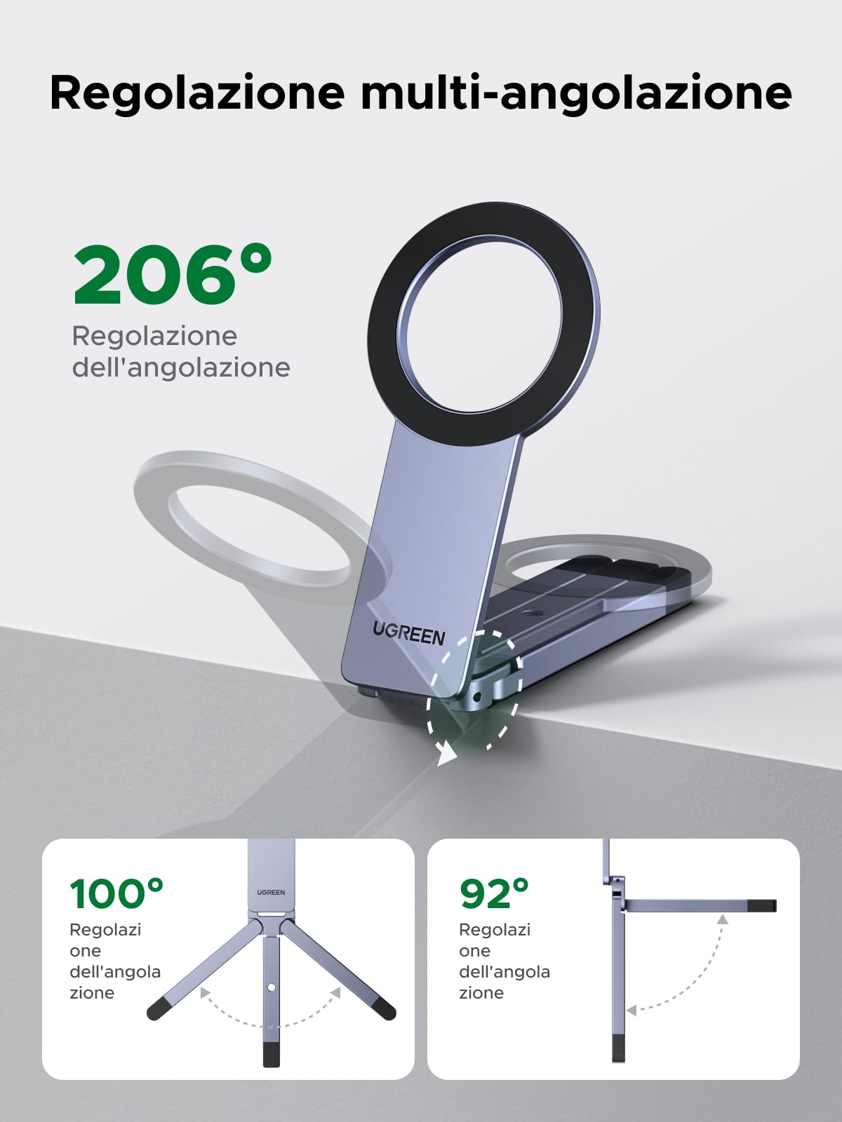 UGREEN Treppiede Magnetico per Telefono Grigio Nebulosa Supporto Magnetico MagSafe Materiale in Lega di Alluminio Adatto per Viaggi Riunioni e Uso Domestico