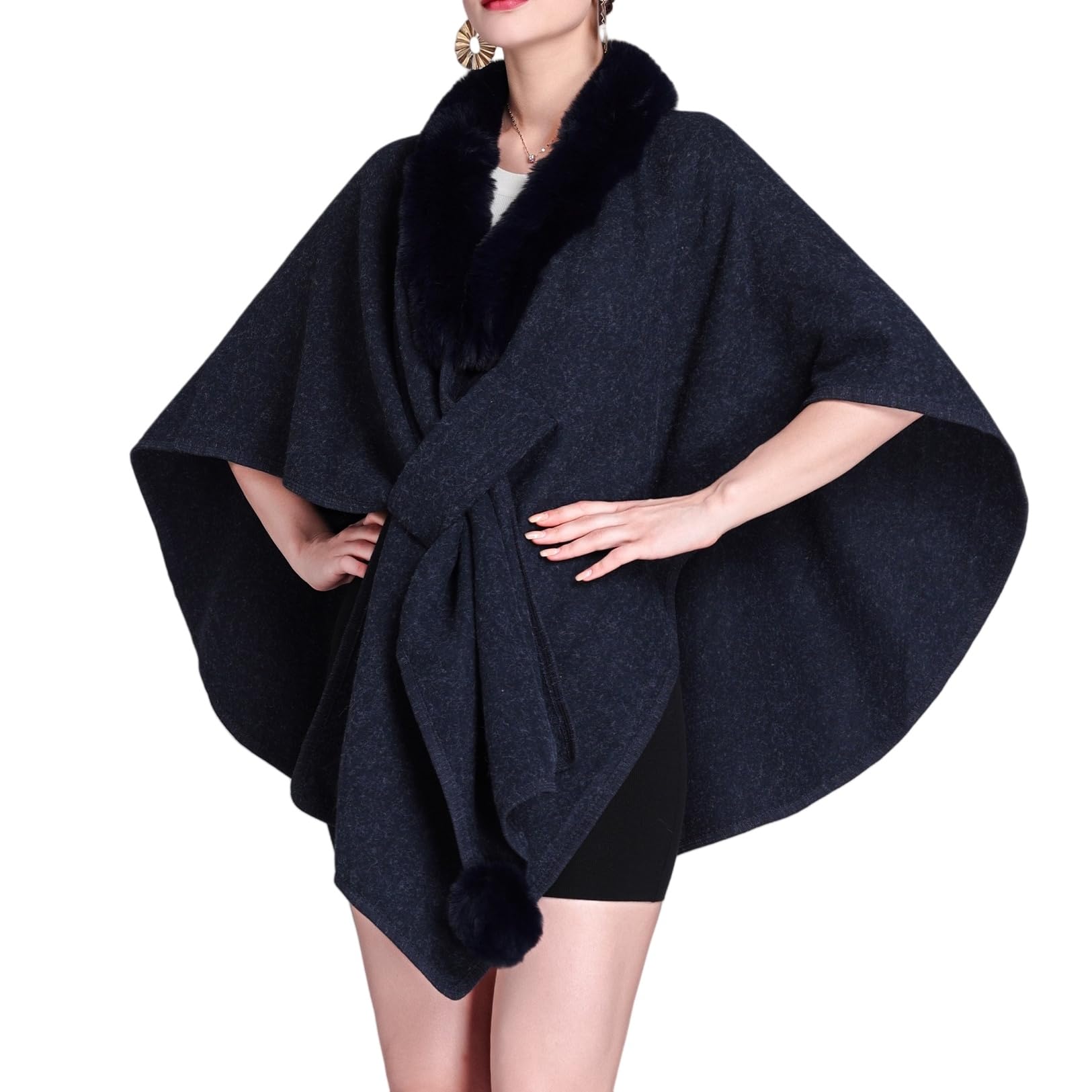 LIUYUYOUGO Women Winter Faux Fur Shawl Stole Warm Wrap Cape Shrug With Fur Collar Knitted Poncho Elegant Open Front Knitted Cardigan Winter Woolen Coat Ruana Cloak Navy Blue