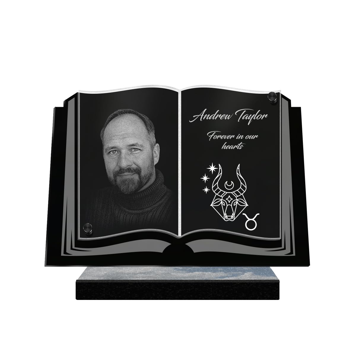 ETERNEL - Personalized Funeral Plaque Book Astro Taurus Customizable Photo and Text, laser-engraved funeral plaque for tribute, cemetery plaque, tombstone, deceased, funerals