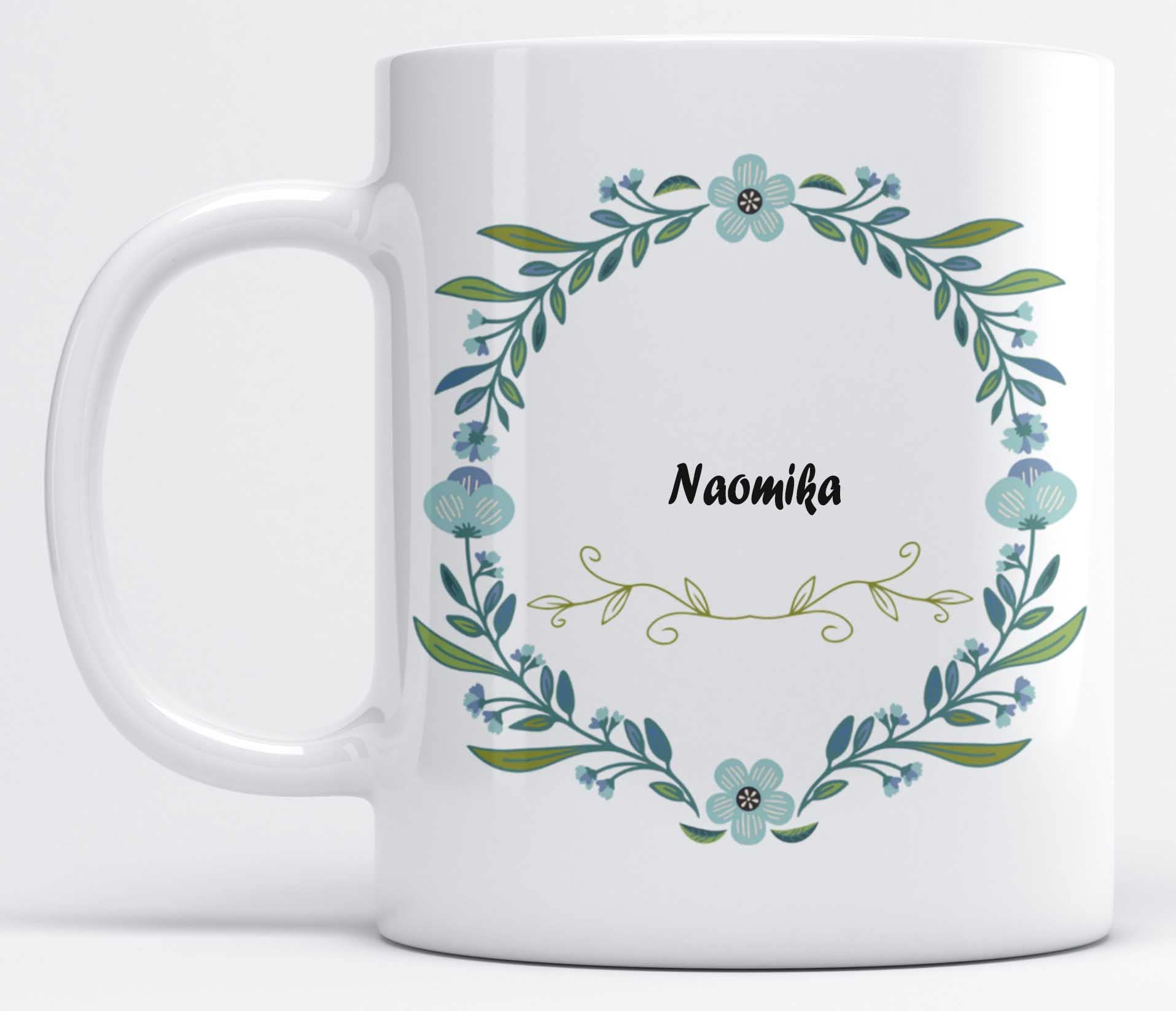 LOROFY Name Naomika Printed Beautiful Blue Floral Design White Ceramic Coffee Mug (350ML)